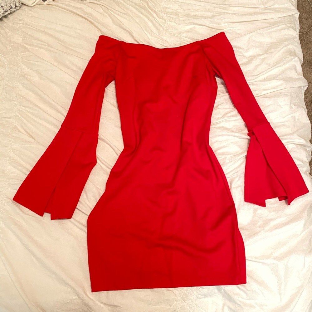 LULUS fitted red off- the- shoulder dress